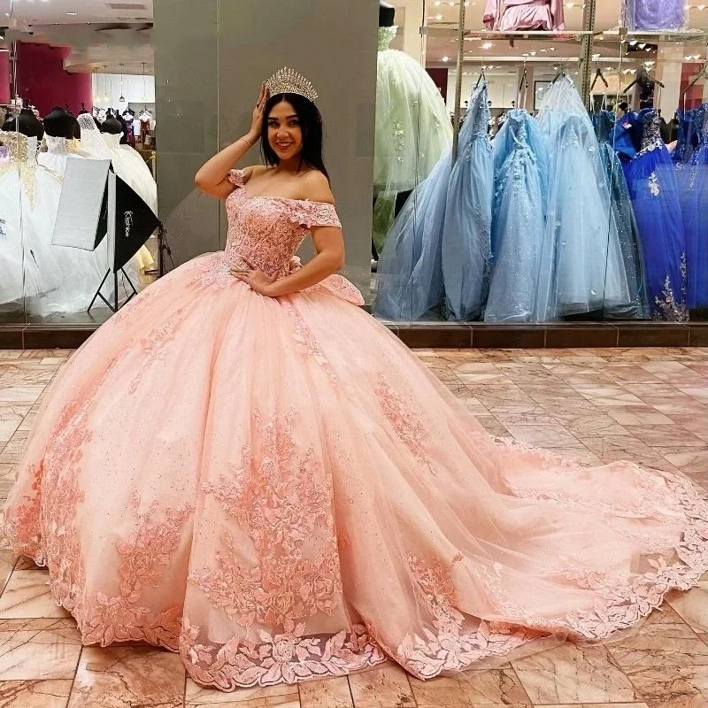 ANGELSBRIDEP розовое платье Quinceanera, бальное платье с аппликацией, кружевная тюлевая пышная юбка, милое платье 16, платья de 15 Anos по индивидуальному заказу