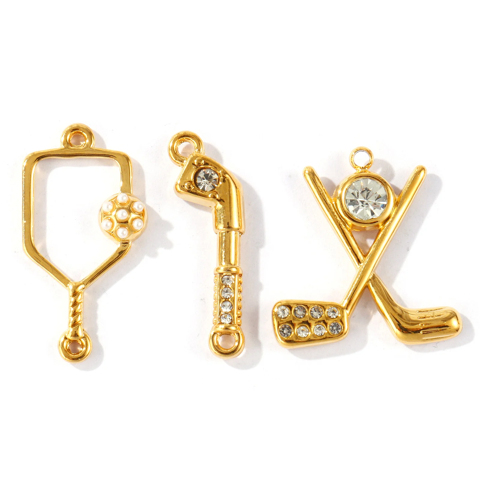 2Pcs Sport Connector Charms Cubic Zirconia Pendants Pickleball Paddle Golf Club 304 Stainless Steel 18k Gold Plated DIY Necklace