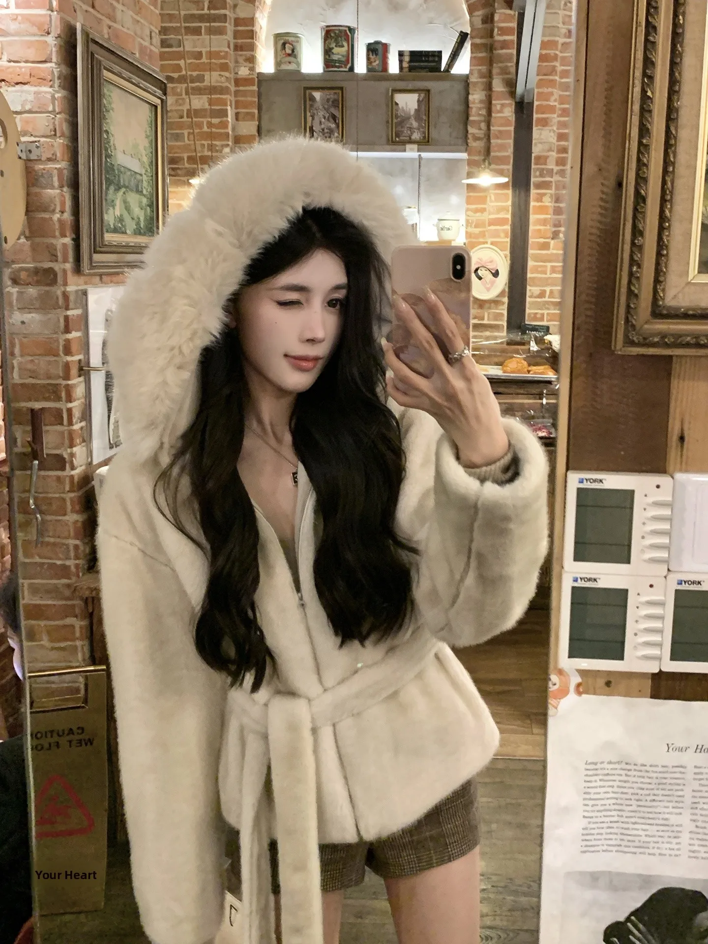 

Белый пушистый или открытый кардиган с капюшоном и поясом с поясом для женщин Chenxi He Faionable для похудения из экокожи