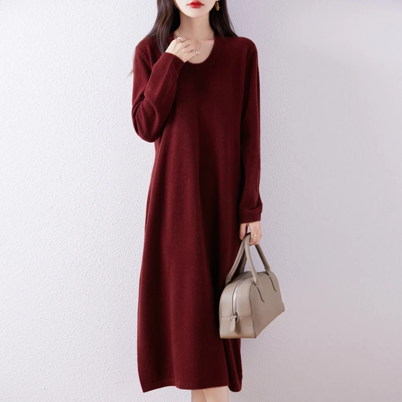 2024 Autumn And Winter New Pure wool U-Neck Knitted Dress Female Solid Color Loose High Waist Long A-line Skirt