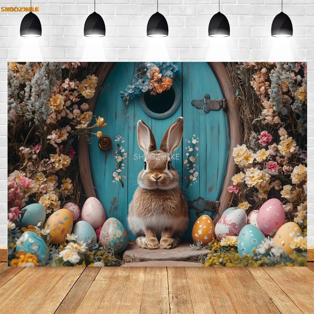 Happy Easter Rabbit Backdrop Spring Flowers Easter Eggs Birthday Party Decor Kids Portrait Photography Background Photobooth