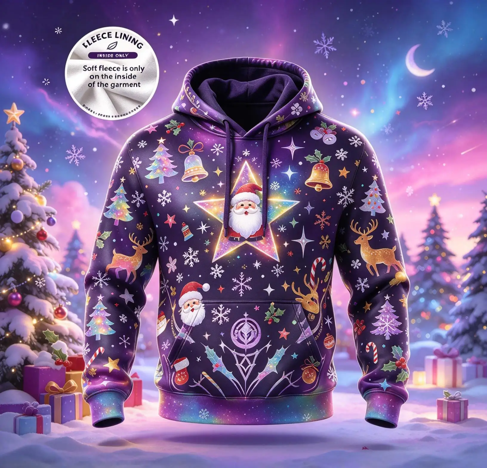 Mens Xmas Colorful Cosmic Hooded Sweatshirt, Candy Cane Star Gift Box Graphic Hoodie