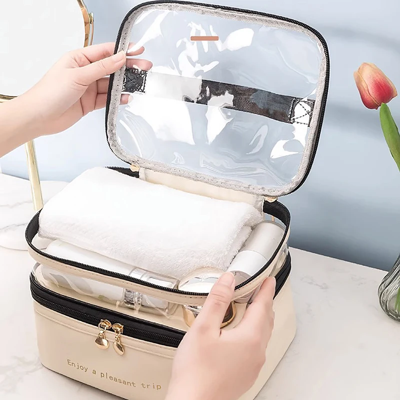 Waterproof PVC Women Cosmetic Bag Portable Traveling Leather Toiletries Big Capacity Travel Makeup Organizer