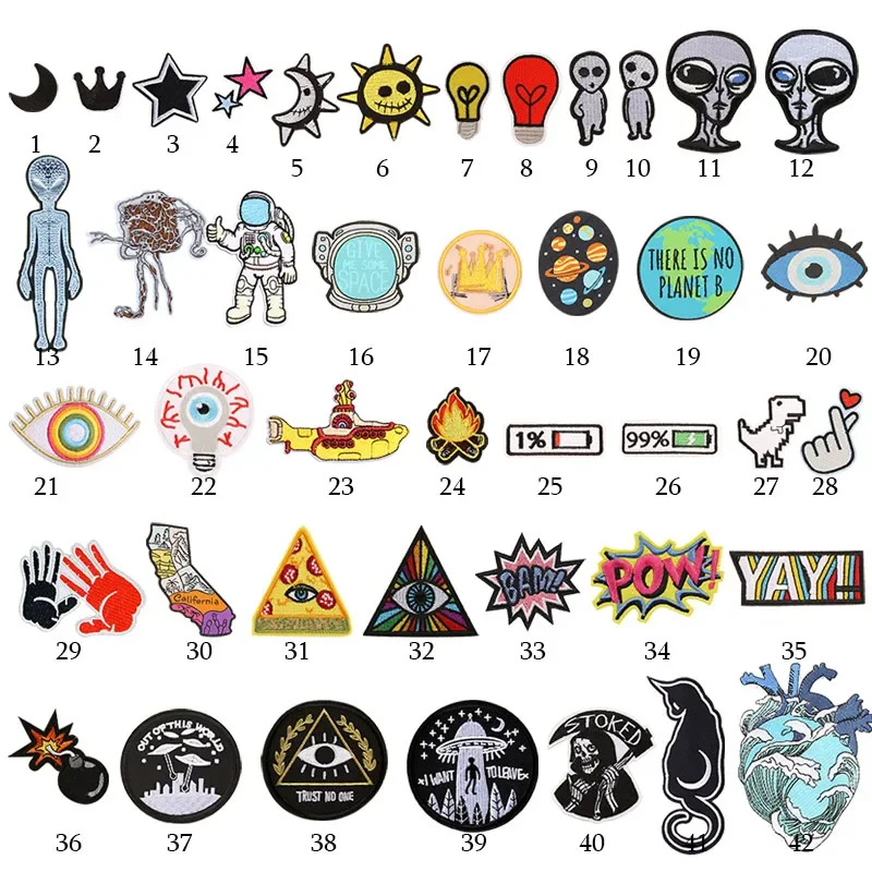 Spaceship Astronaut Planet Alien Iron on Patches for Clothes Embroidered Clothing Patch Heart Moon Sun Applique Stripe Sticker