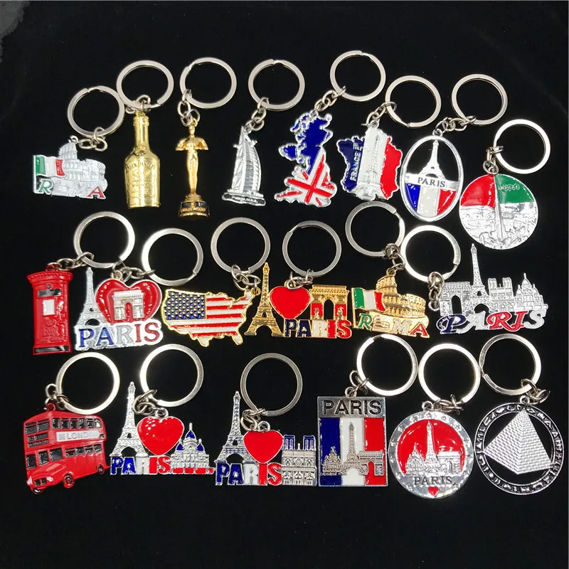 World Attractions Fashion Keychain United States Painted Map Metal Key Ring Car Pendant Paris Eiffel Tower Creative Keychains