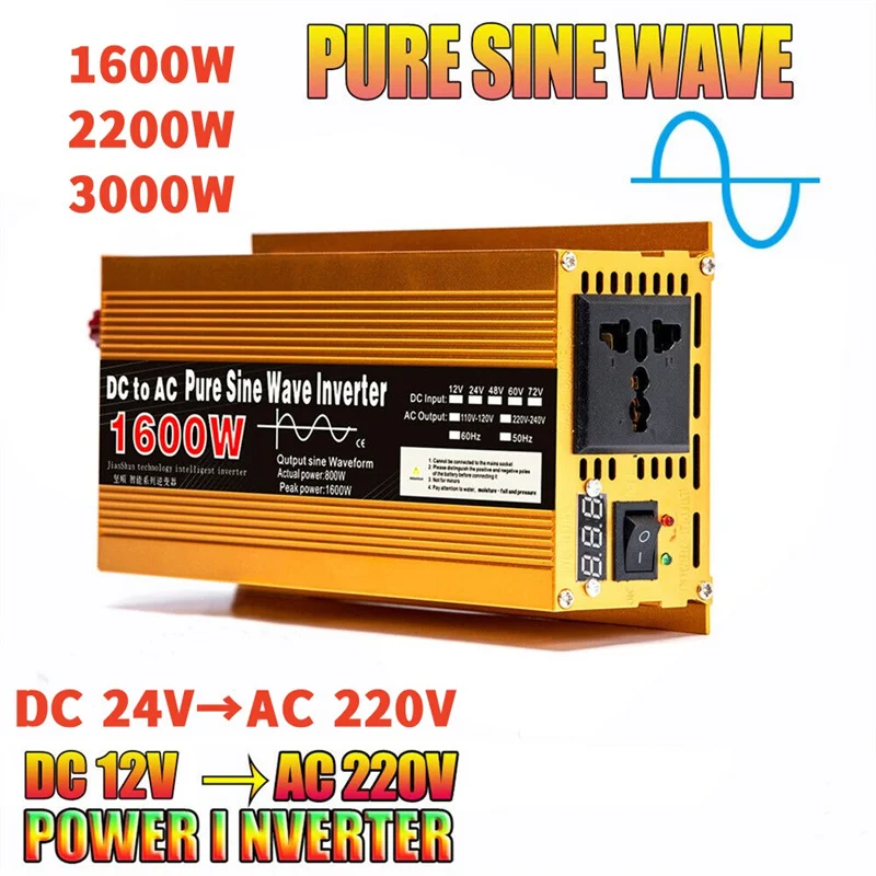 1600W-2000W Pure Sine Wave DC 12V/24V to AC 220V Transformer Convert Multi-function Socket Converter Car inverter