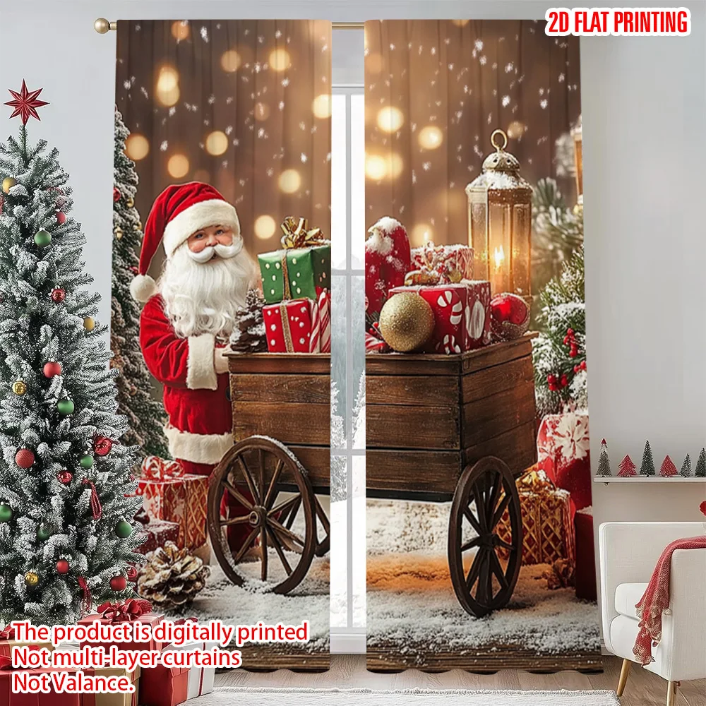 

2pcs 2D flat printing Christmas Scene Curtain Christmas red gift wagon Versatile Durable Polyester Without Electricity Versatile