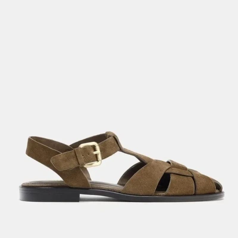 الجلد المدبوغ نسيف مصمم الصنادل النساء الرجعية مشبك معدني المصارع أحذية جوفاء موضة أحذية الشاطئ المسطحة الإناث Zapatos De Mujer