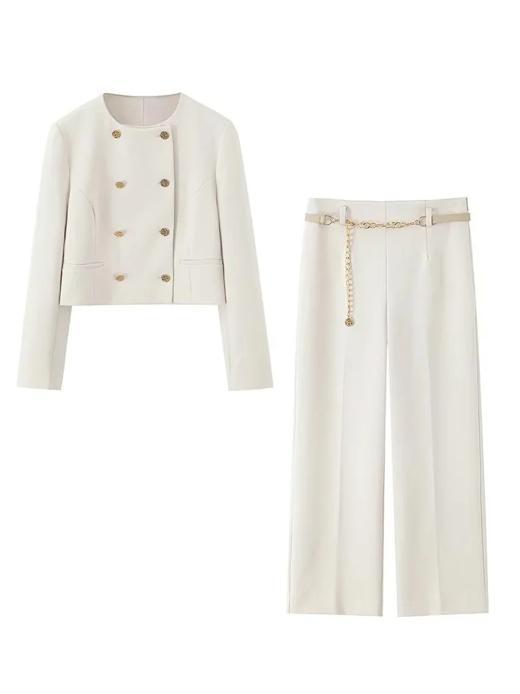 HH Women Solid Pant Set Long Sleeve O-Neck Double-Breasted Blazers+High Waist Chain Matching Side Zipper Trousers Sets