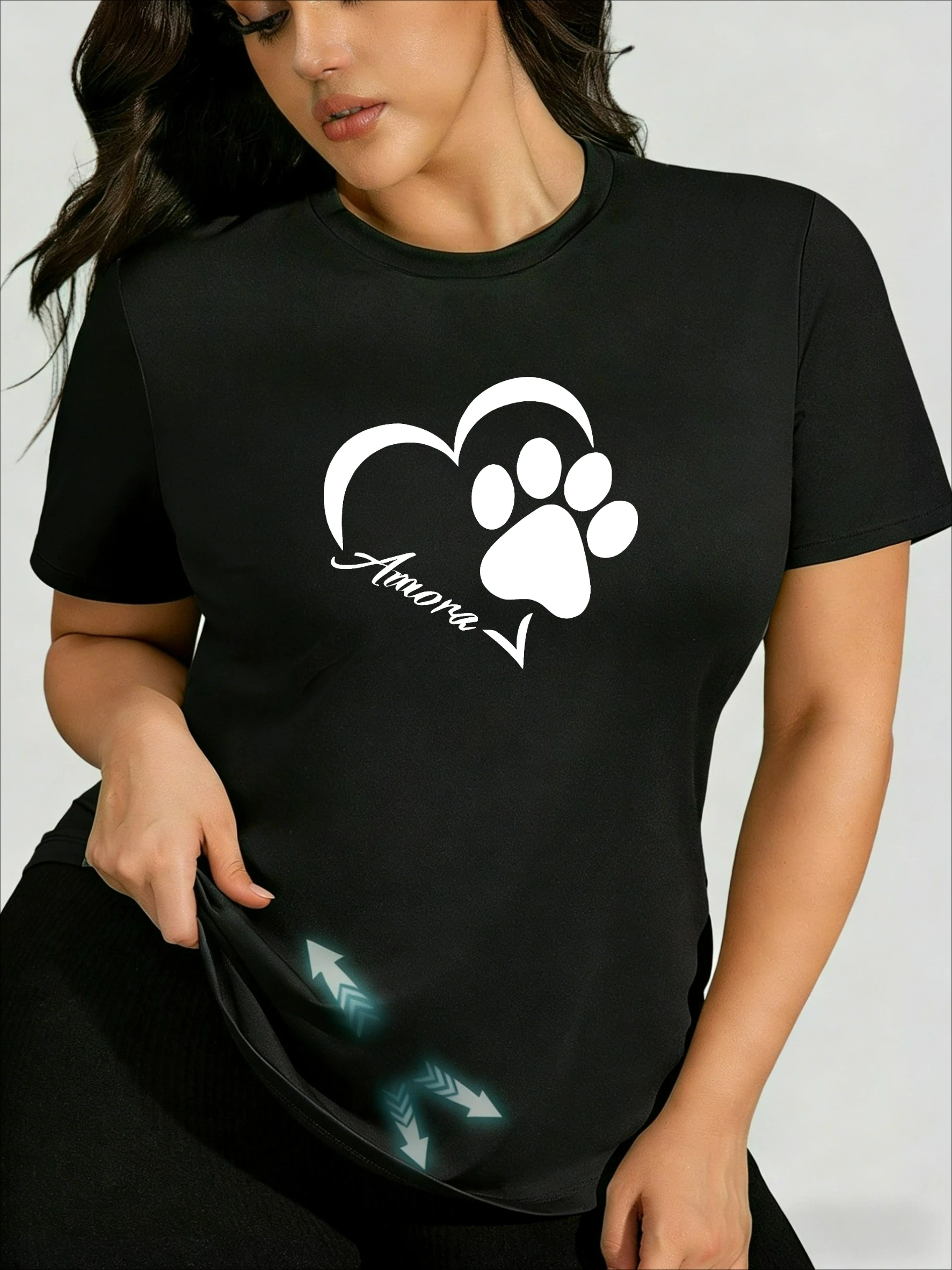 

Милый дизайн с сердечками и отпечатками лап Amora! Женская футболка больших размеров, стильный и сексуальный топ для девушек