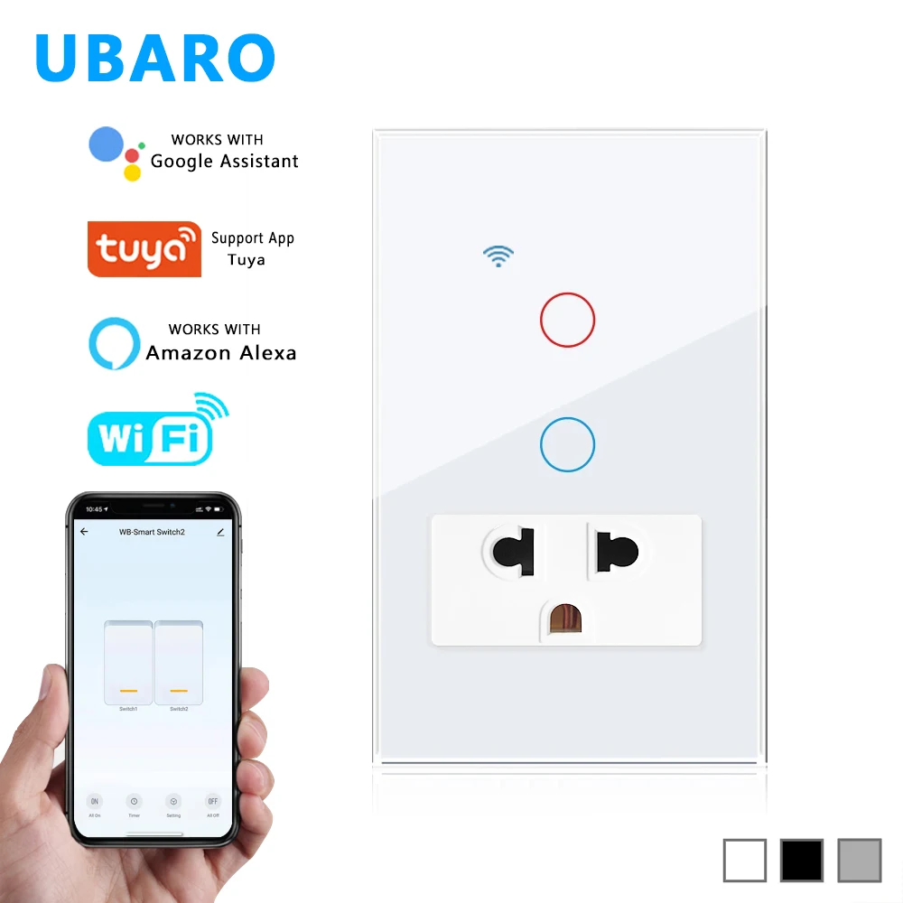 UBARO 118×75mm Thailand Standard WiFi Smart Switch Socket, 2 Gang Touch Control, Tuya APP Alexa Google Home Voice Control, Tempe image 3