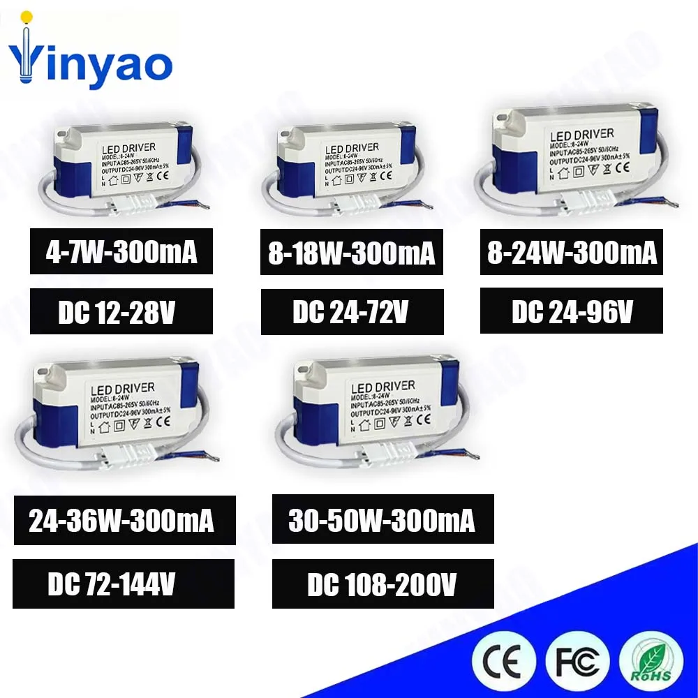 4-7W 8-18W 8-24W 24-36W 36-50W 300MA Non-Isolated Monochrome External Driver Power Supplies For DIY LED Power Light Panel Light