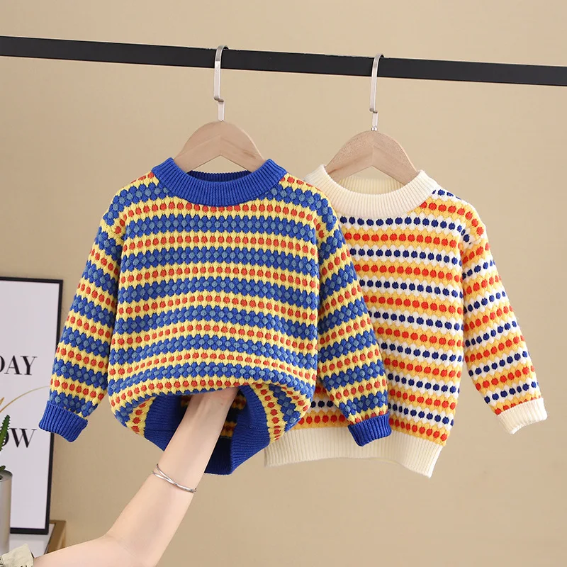 

Children's Sweater 2025 Spring Autumn New Boys Girls Rainbow Striped Sweaters Dot Baby Knit Pullover Colorful Kids Tops IY01151