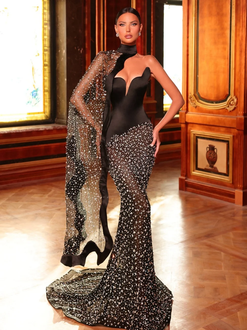 Elegant High Neck Sweetheart Deep V Evening Dress 2026 Luxurious Crystal Carpet Gown Fashion A Line Floor Length Party Gown فس