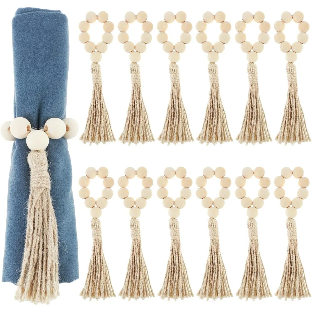 

Деревянные кольца для салфеток из бисера-12 шт., эластичная эластичная кисточка в стиле бохо, деревенский декор стола в деревенском стиле для обеденного стола