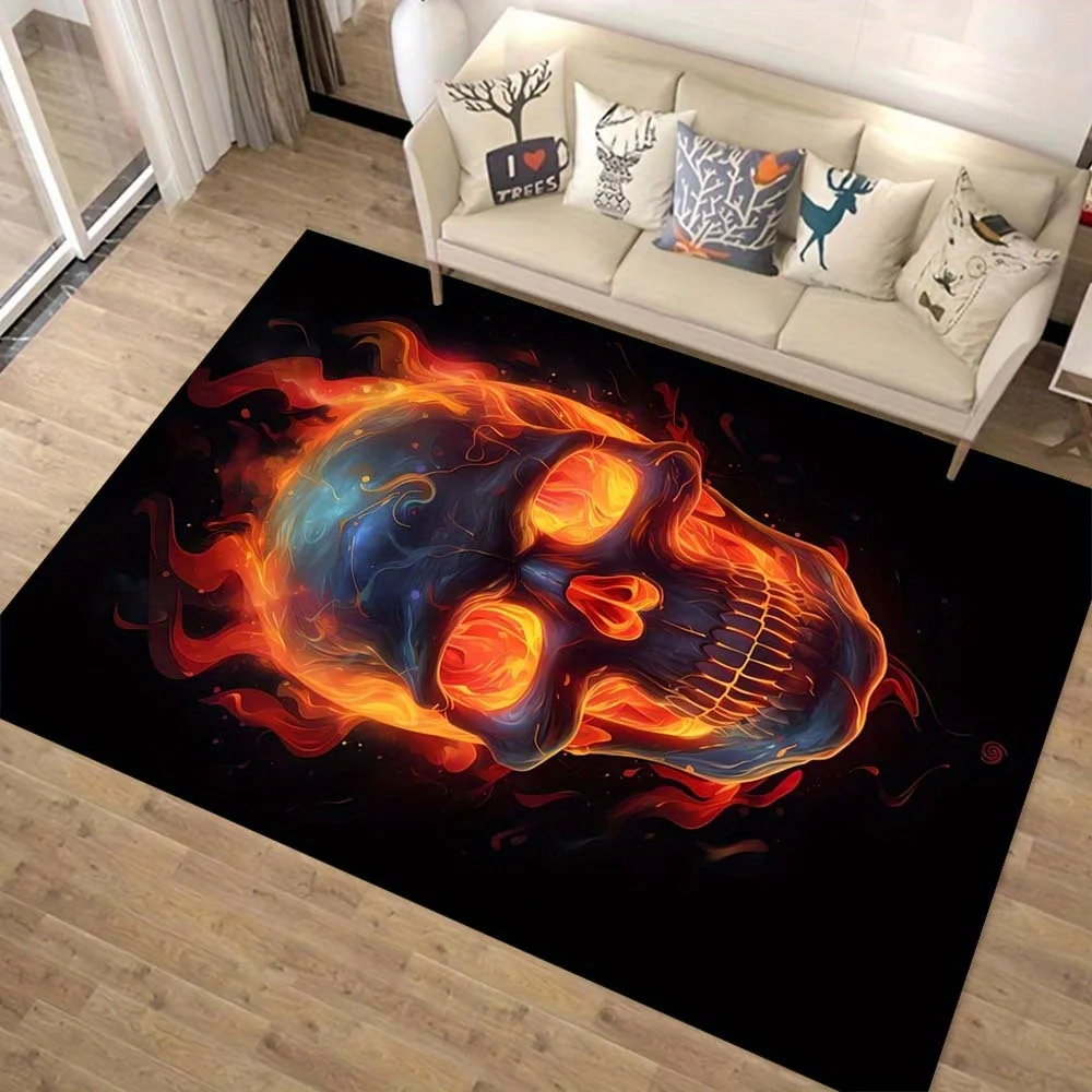 Burning Skull Pattern Area Rug Non Slip Welcome Doormat For Living Room Bedroom Game Room Dormitory Home Decor