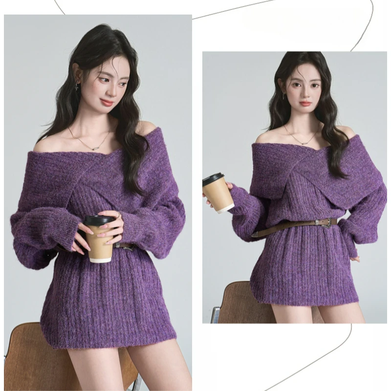 

One-shoulder Knitted Sweater Base Layer for Women 2026Autumn New Fashion Purple Elegant and Refined Ladylike Mid-length Pullover