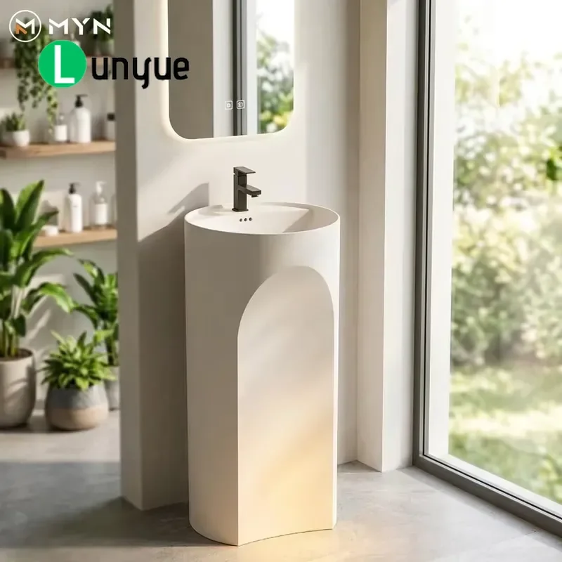 Modern Arched Column Sink Matte White Solid Artificial Stone Pillar Basin Floor to Ceiling Washbasin for Indoor Outdoor