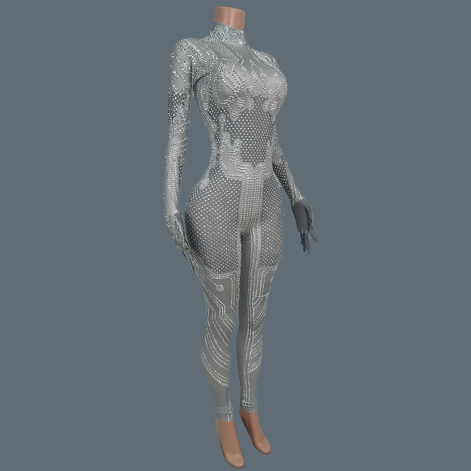 Sexy Curve Spandex Tight Fitting Jumpsuit Sparkly Silver Rhinestone Party Outfit Carnival Show Drag Queen Performer Wear Dianlu