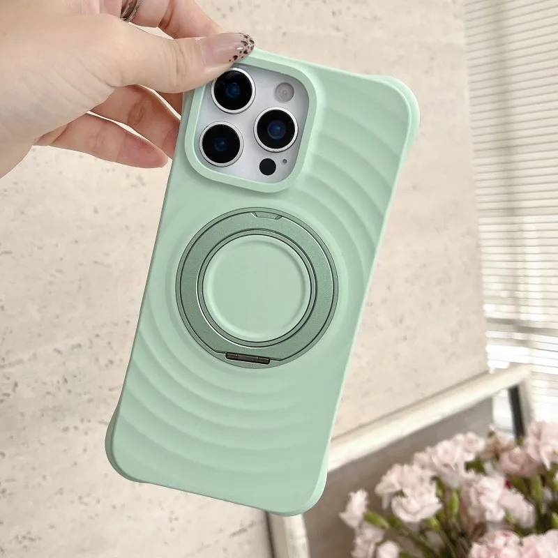 

Ring Magnetic Case For iPhone 17 Pro Max 14 15 16 Pro 360 Rotating Stand Holder Shockproof Candy Cute Silicone Wave Luxury Cover