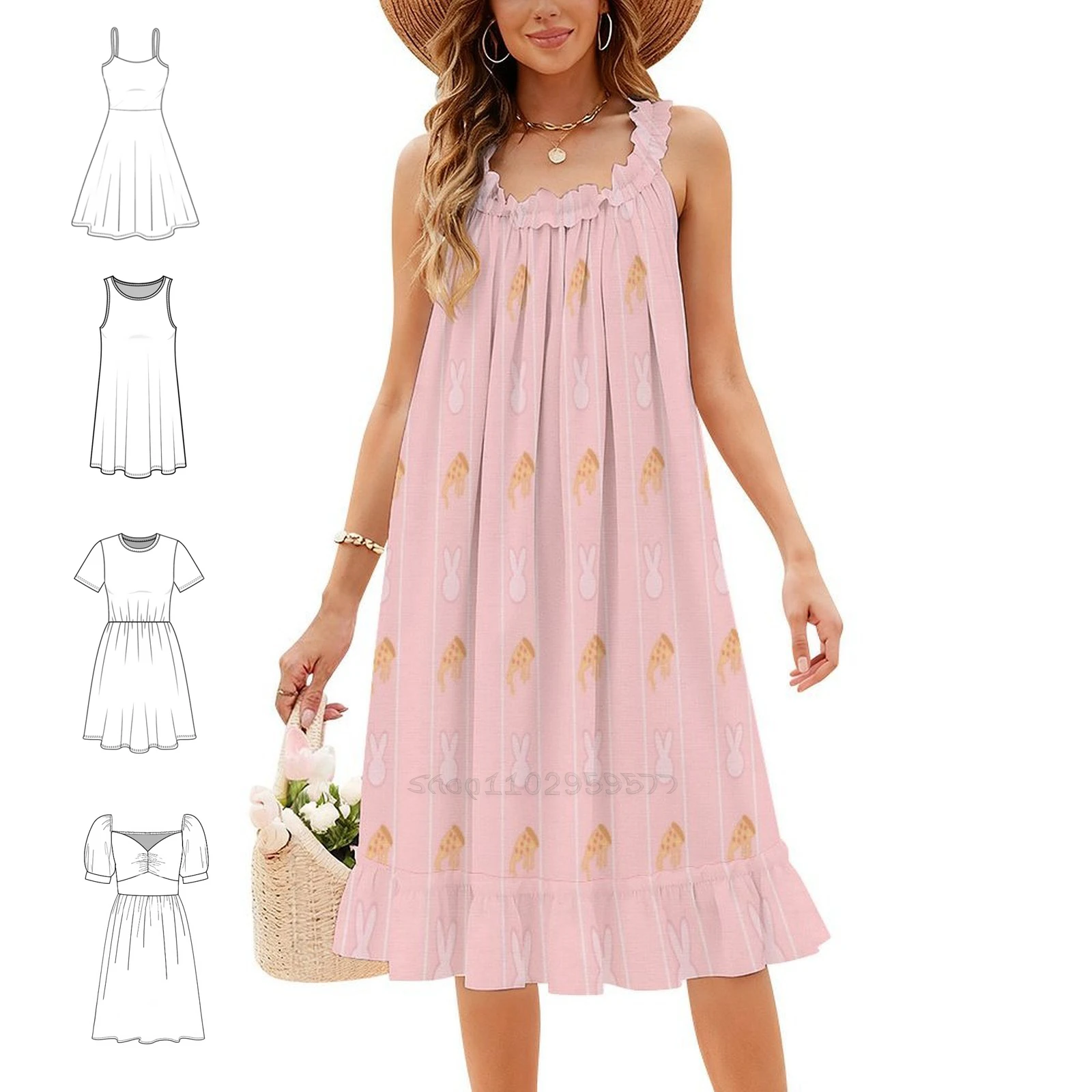 Pink Pizza Bunny Women's Streetwear Party Dress Trendy Print Club Clothing For Female Pink Pizza Bunny Cute Kawaii Fun Pastel