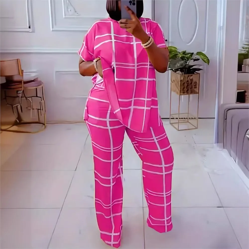 

Spring Summer New Fashion Plaid Printed Short Sleeved V Neck Shirt Women Loose Simple Large Size Female Office Pants 2 Piece Set