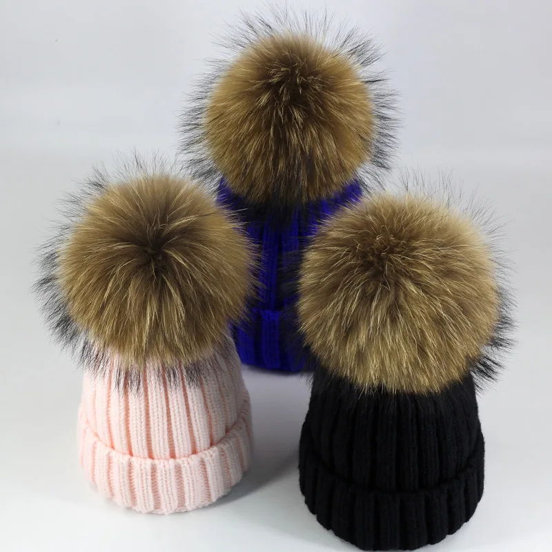 Autumn and Winter New Knitted Hat Women's Korean Raccoon Fox Big Fur Ball Woolen Cap Parent-Child Sleeve Cap Wholesale