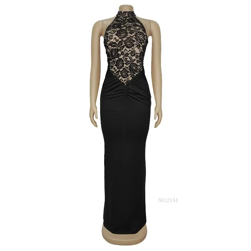 Gaun Maxi Renda Hitam Elegan Tanpa Lengan Dashiki Afrika untuk Wanita Pakaian Tradisional Wanita Afrika Gaun Panjang Peri