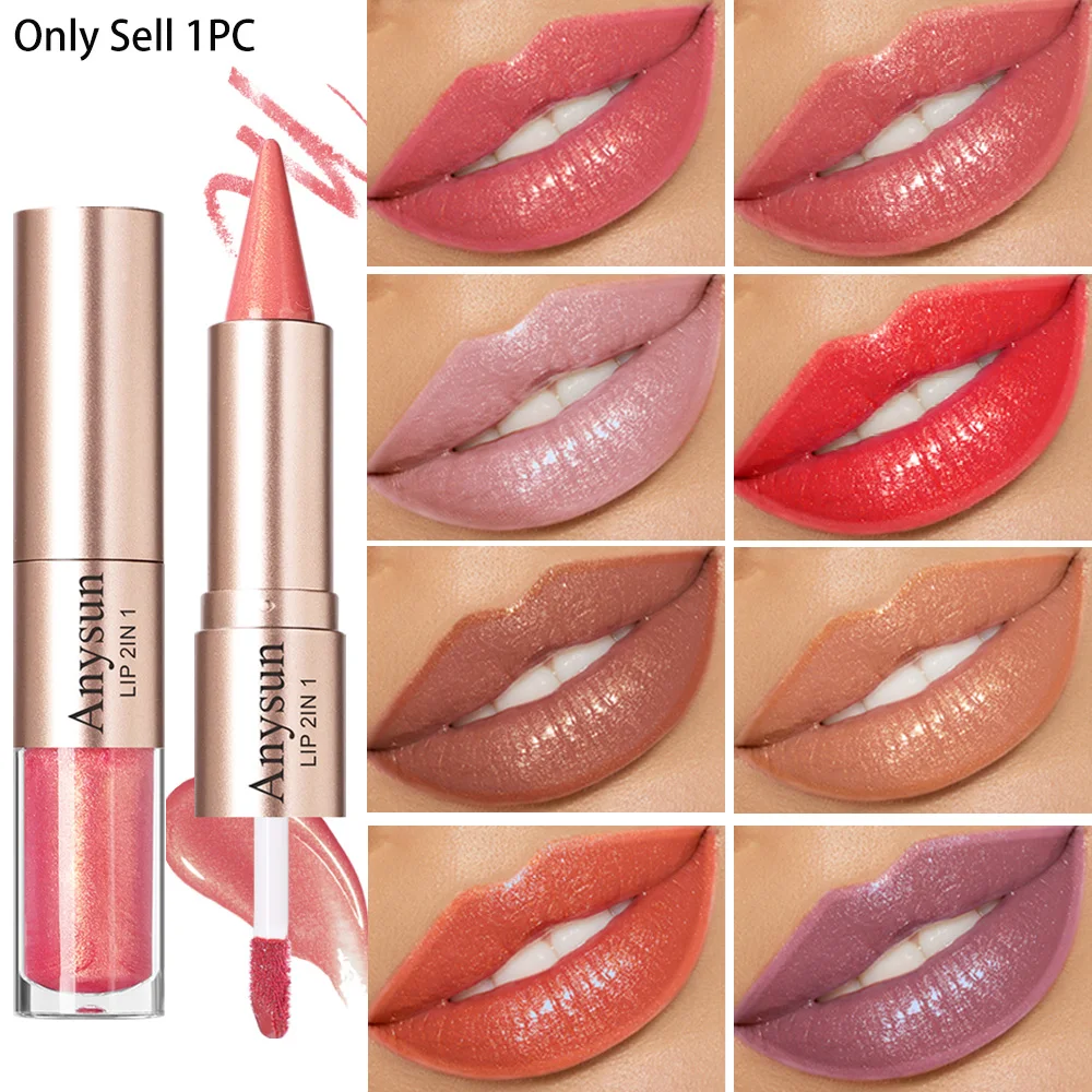 Doppelköpfiger 2-in-1 Lipliner+Lipgloss, wasserfest und langlebig, feiner, glänzender Spiegelglanz