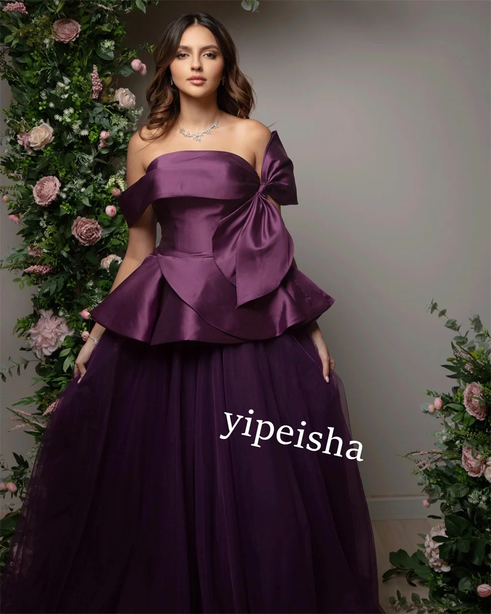 Jiayigong  Satin Bow Ruffle Prom A-line Boat Neck Bespoke Occasion Gown Long Dresses Saudi Arabia