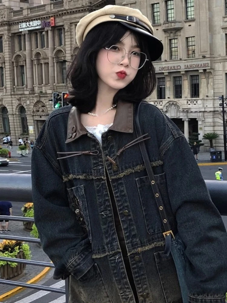 Spring Cartoon Embroidery Jean Jackets Women Zipper Y2k Aesthetic Loose Casual Tassels Coats Harajuku Single Breasted Grunge Top