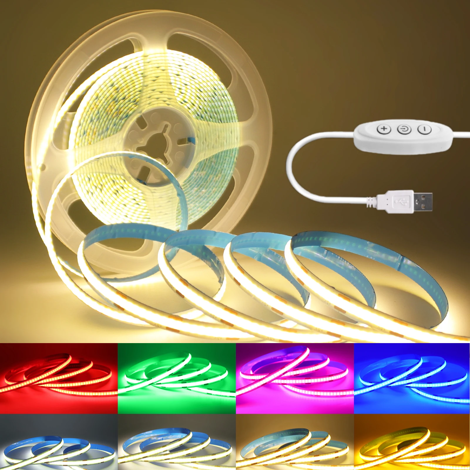 

DC5V 9 Colors COB LED Strip with Dimmable Switch Control 1/2/3/4/5M 320 Leds/m COB Strip Light For Home Cabinet Decor Lighting