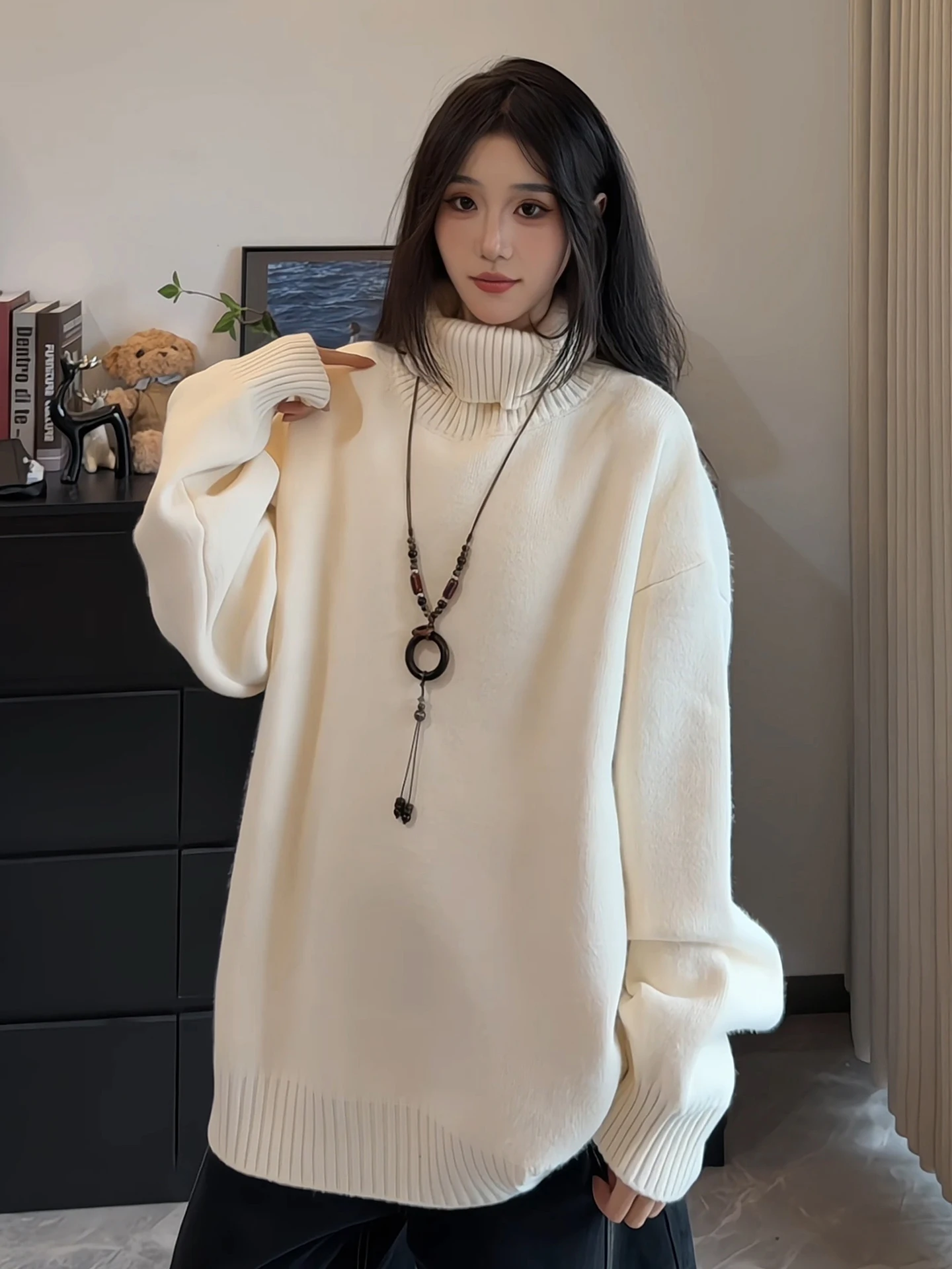 

Thiened Fce High Collar Knitted Sweater Men Women Autumn Winter Warm Plump Sle Inner Wear Base irt Turn down Collar