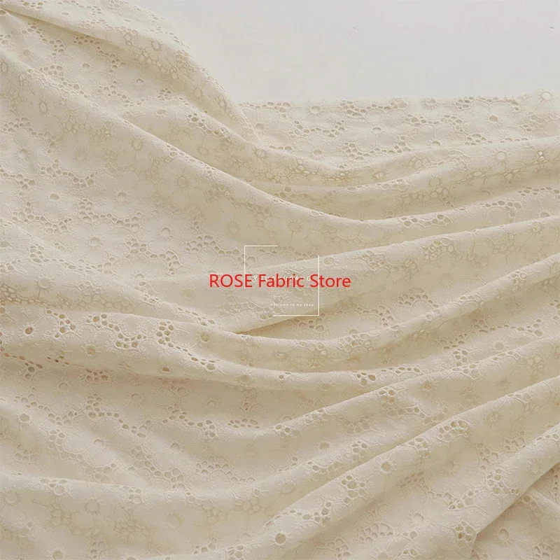 Flower hollow Embroidered Beige Pure Cotton Fabric dress, skirt, tops, tabletop, pillowcase, headbands, doll clothes sewing