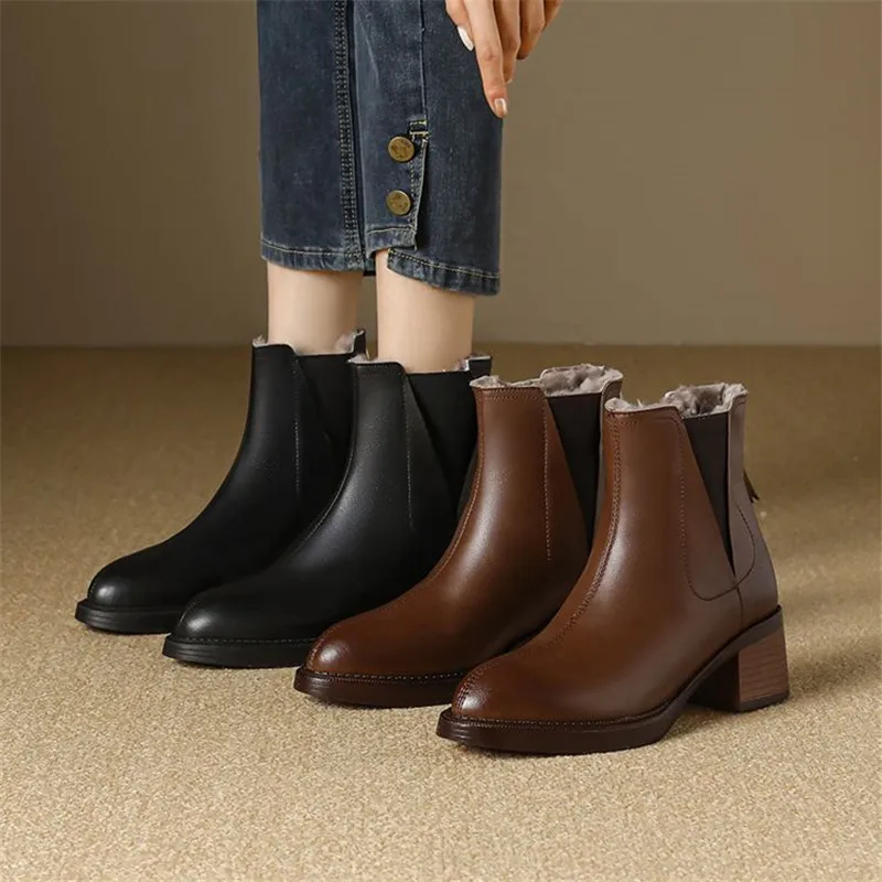New Winter Split Leather Women Boots Fashion Ankle Boot for Women Wool Short Boots Chunky Heel Botines Mujer Concise Women Shoes