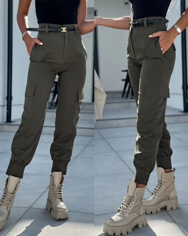 Pantalones Cargo ajustados de cintura alta para mujer, pantalones Cargo con puños, diseño de bolsillo de calle, moda de otoño, 2023