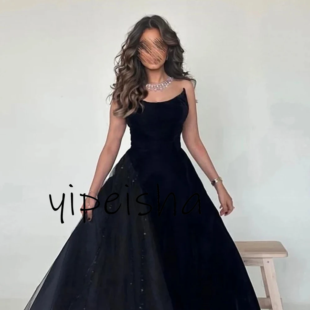 Yipeisha Simple Strapless Formal Occasion Dress A-line Sexy Symmetrical neckline Ball Gown Black Lace Up Long Evening Party Gown