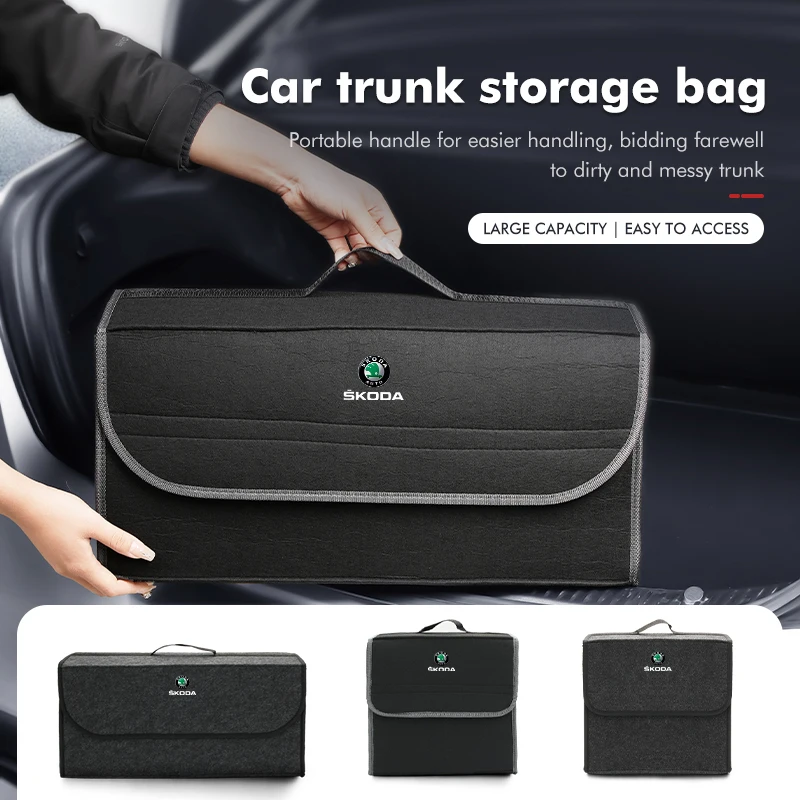 Felt Car Trunk Folding Organizer Bag Foldable Trip Storage Box For Skoda Rapid Kodiaq Karoq Fabia Kamiq MK3 Roomster Enyaq