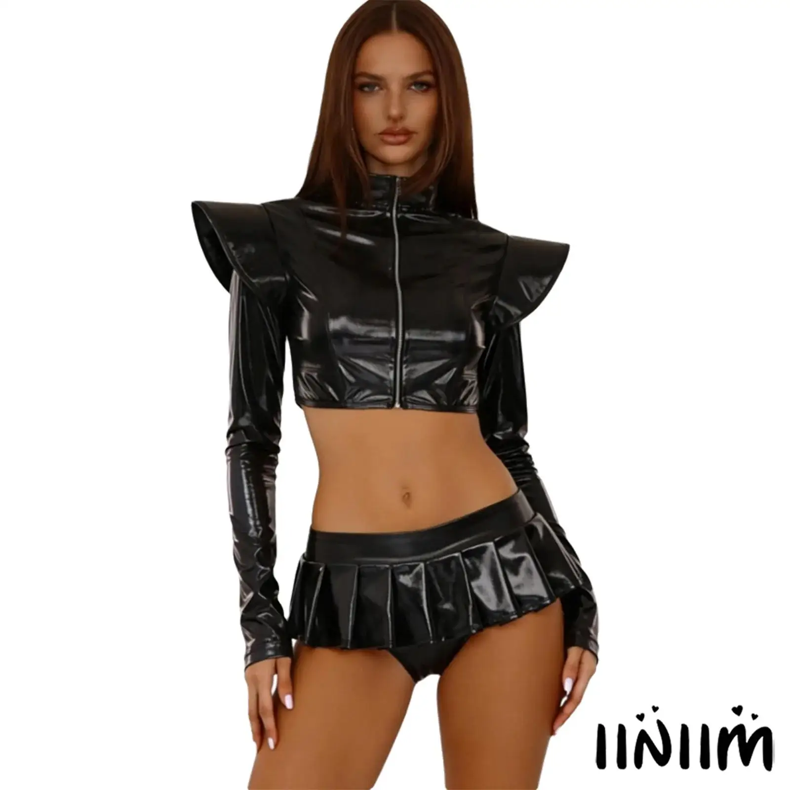 

Женский наряд для джазовых танцев в стиле хип-хоп, доски с длинными рукавами, переливающаяся укороченная куртка металлик + плиссированная мини-юбка, брюки-кюлоты Raves, клубная одежда