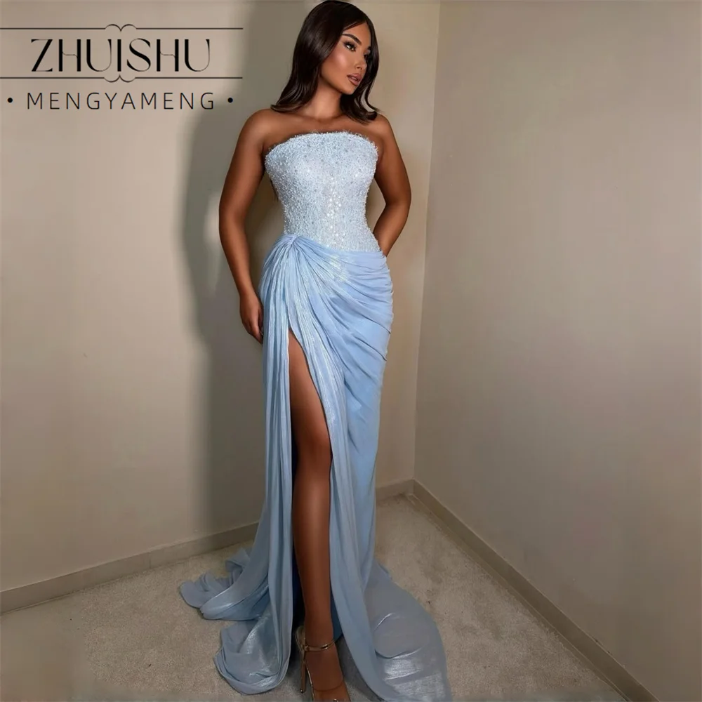 Vintage Blue Pleat Mermaid Evening Dress Lace Strapless High Slit Sleeveless Evening Party Dress Customized Vestido De Festa