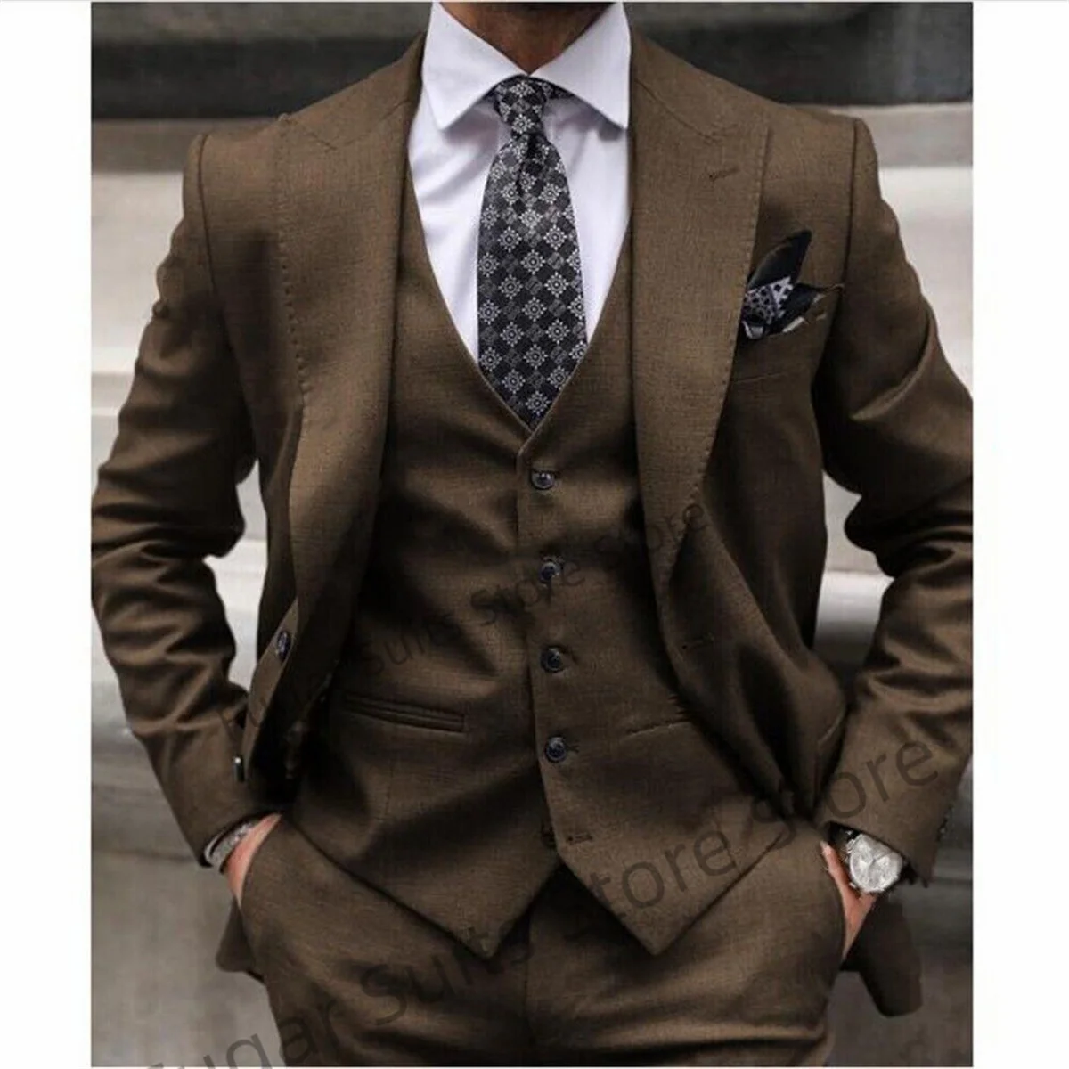 Mode Italiaanse Stijl Grijs Trouwpak Voor Mannen Slim Fit Peak Revers Bruidegom Smoking 3 Stuks Set Elegante Mannelijke Blazer Ternos Mascuion