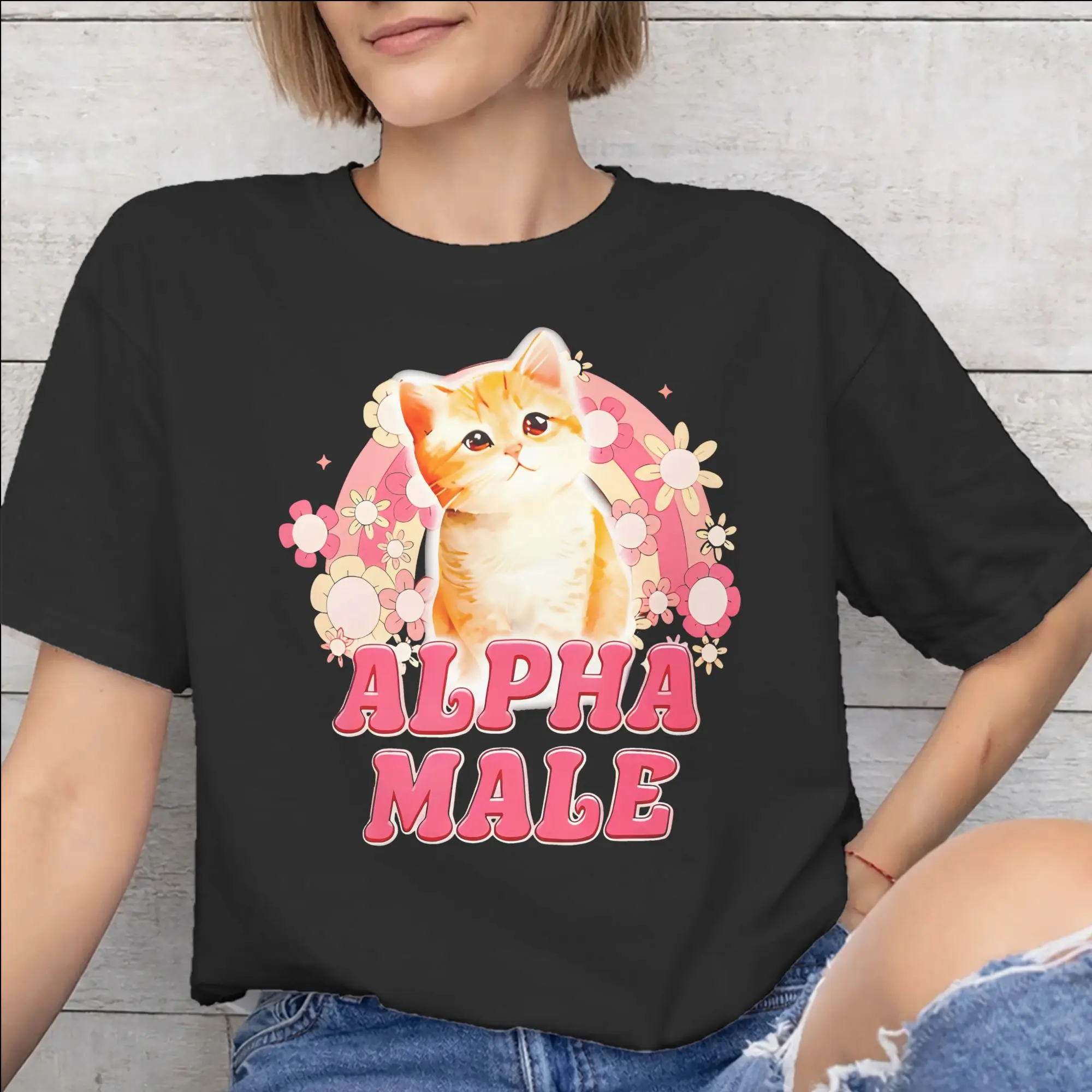 Graphic Printing Alpha Male Cat Kitten Funny  T Shirt For Unisex  Cotton T-shirts Short Sleeve Clothes