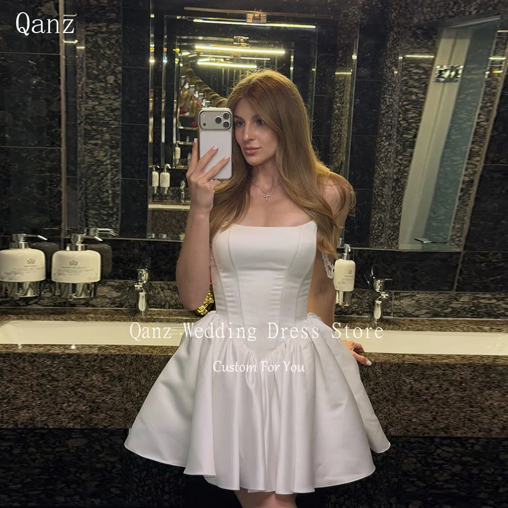 Qanz Classy Satin Wedding Party Gowns Off Shoulder Mini Wedding Dresses Bride Open Back Short A Line Robe De Mariée Customized
