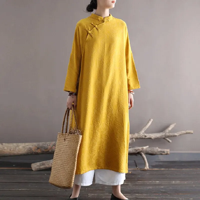 New Chinese Autumn Jacquard Cotton Linen Yellow Cheongsam Dress Women's Casual Retro Pullover Loose Eight-Sleeved Skirt Gown