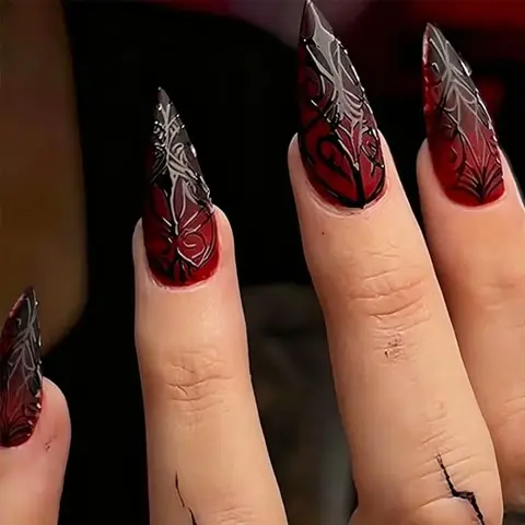 Halloween Long Stiletto Gothic Press On Nails 3D Embossed Blood Red Spider Web False Nail Art Reusable Handmade Nail Tips JT39