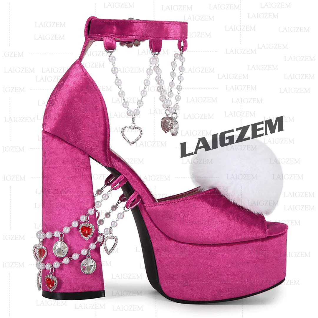 LAIGZEM Women Platform Sandals Peep Toe Thick High Heels Pumps Chain Ladies Handmade Summer Shoes Woman Large Size 39 41 44 52