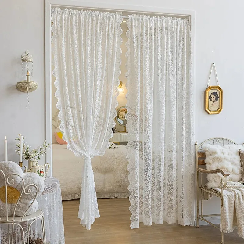 White Lace Sheer Curtain Wave Scalloped Edge Hollow Floral Window Drape Vintage Boho Room Divider Curtain