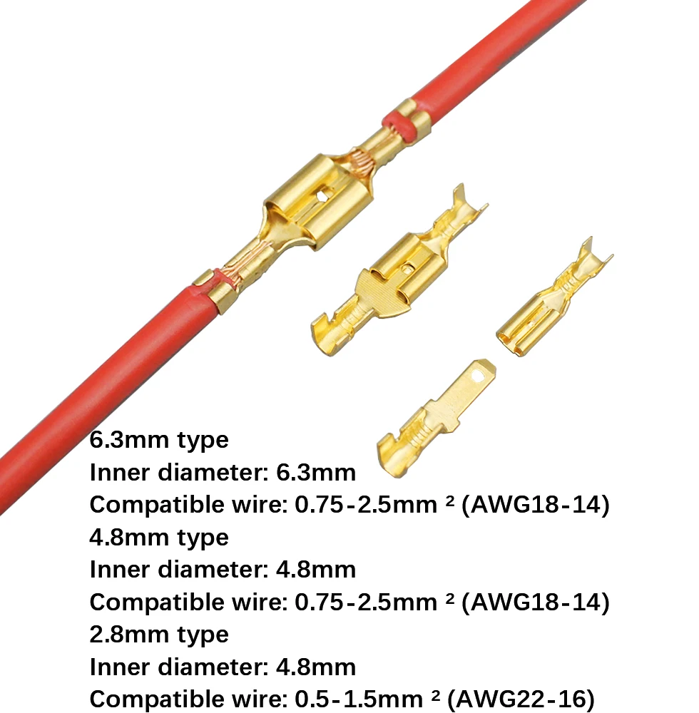 100Pcs/Lot 2.8/4.8/6.3mm Female and Male Crimp Terminal Brass Car Speaker Electric Wire Connectors And Insulating Sheath