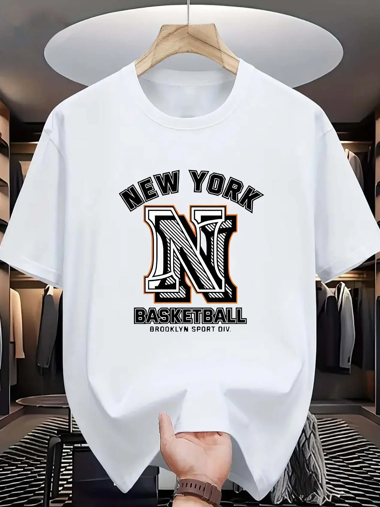 

180G Pure Cotton Single-Sided Printed Round Neck Short Sleeve T-Shirt, Casual Round Neck T-Shirt, New York Basketball Print