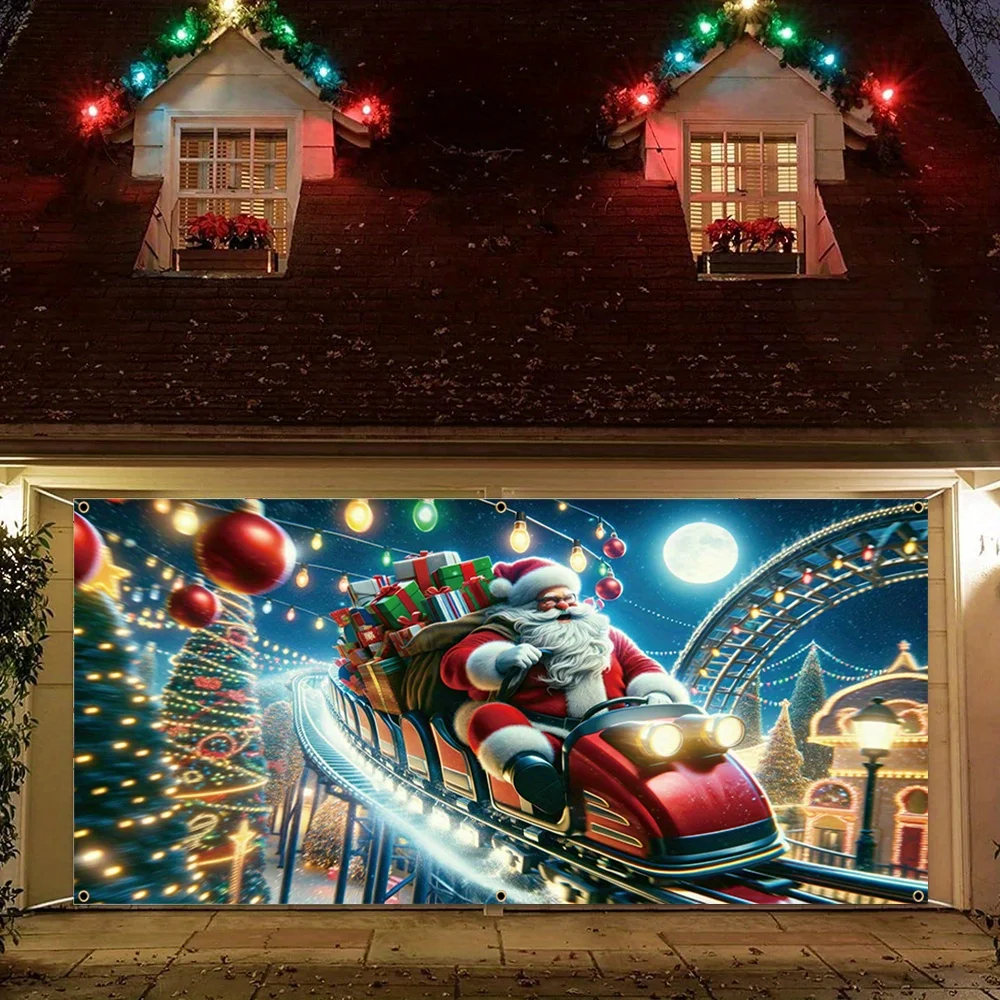 لوحة باب ثنائية الأبعاد قطعة واحدة من لوحة باب جراج عيد الميلاد من البوليستر الاحتفالي - سانتا كلوز على تصميم دائري، ديكور احتفالي